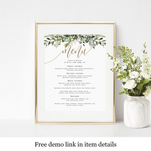 Greenery Wedding Menu Sign Template, Printable, Instant Download, 100% Editable Text, Templett, DIY Customize, Bohemian, Boho Gold 8x10 #c61