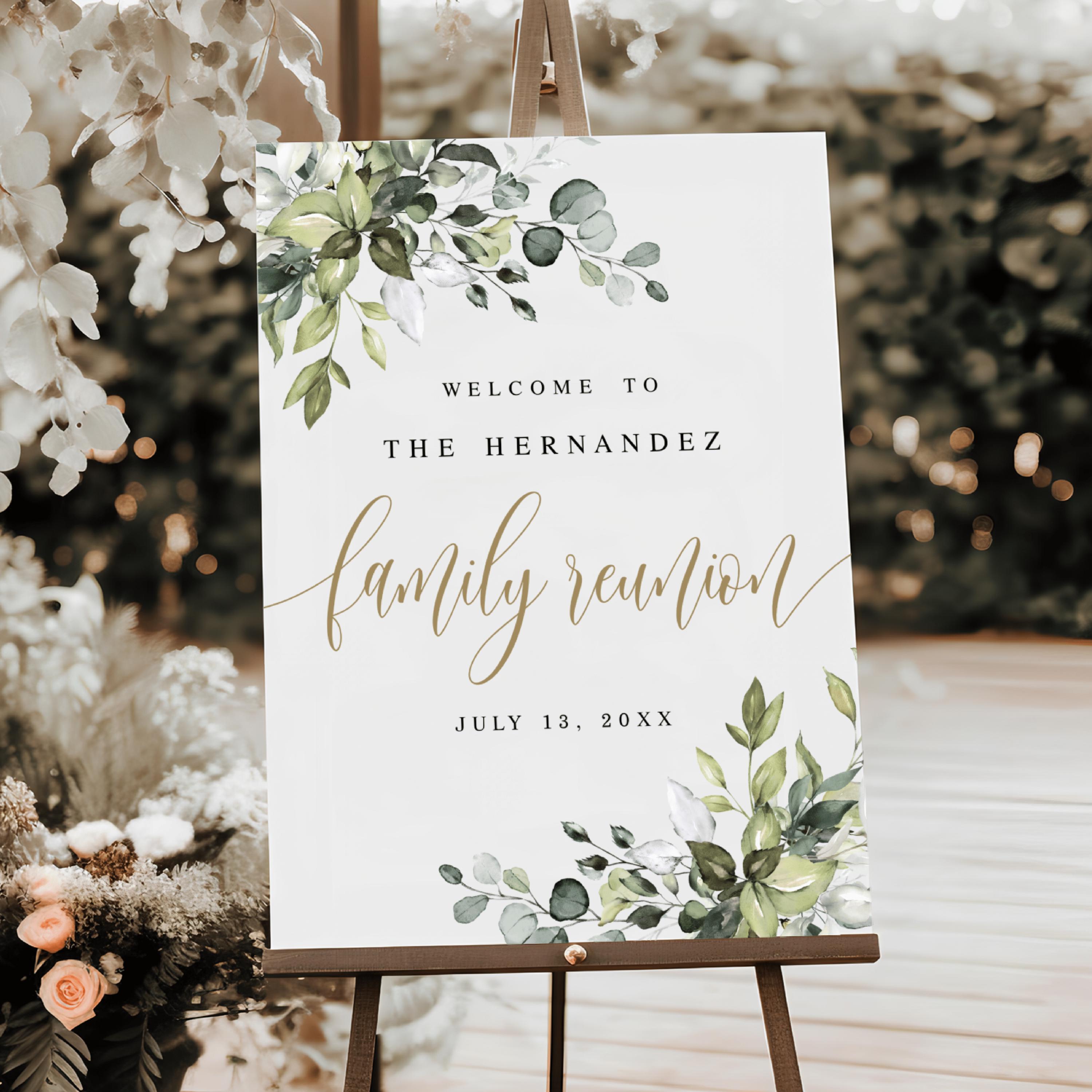 Family Reunion Welcome Sign Printable, Greenery BBQ Family Get Together ...