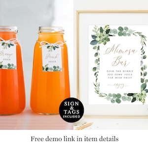 Greenery Mimosa Bar Sign And Tags Template, Brunch And Bubbly, Juice Jar Labels, Bridal Shower, Bachelorette Party, Eucalyptus Gold #vmt4221