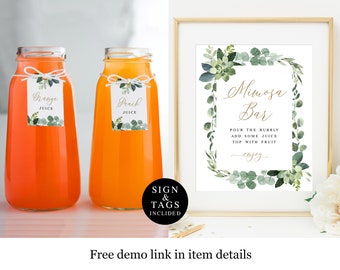 Greenery Mimosa Bar Sign And Tags Template, Brunch And Bubbly, Juice Jar Labels, Bridal Shower, Bachelorette Party, Eucalyptus Gold #vmt4221