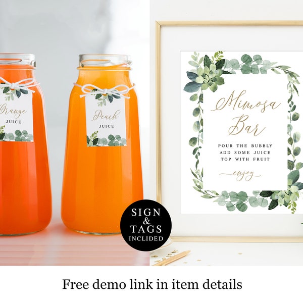 Greenery Mimosa Bar Sign And Tags Template, Brunch And Bubbly, Juice Jar Labels, Bridal Shower, Bachelorette Party, Eucalyptus Gold #vmt4221