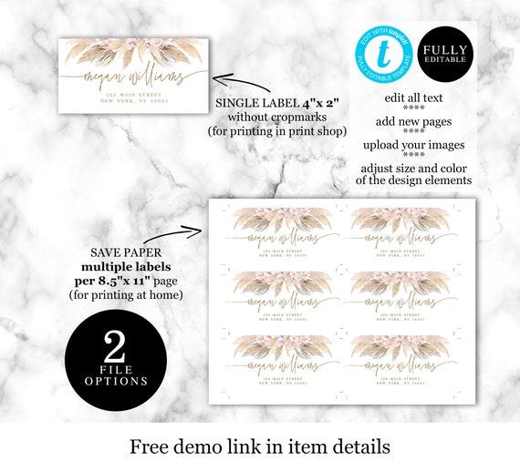 Return Address Labels Template, Edit With Templett, Printable Envelope Stickers, 100% Editable, Custom, Modern, Pampas Grass, Desert #c65b