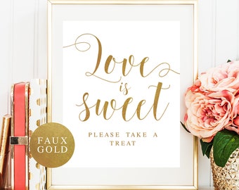 Bridal treat sign Love is sweet take a treat sign Gold bridal shower Dessert favors sign Gold wedding Love is sweet banner Gold cake #vm32