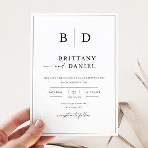 May include: A minimalist wedding invitation with black text on a white background. The invitation features the couple's initials "B" and "D" separated by a vertical line. The text reads "Brittany and Daniel" followed by the date and time of the wedding: "Saturday, September 21, 20XX at 6 PM". The location is listed as "The Village Restaurant, New York, NY". The invitation concludes with the phrase "reception to follow".