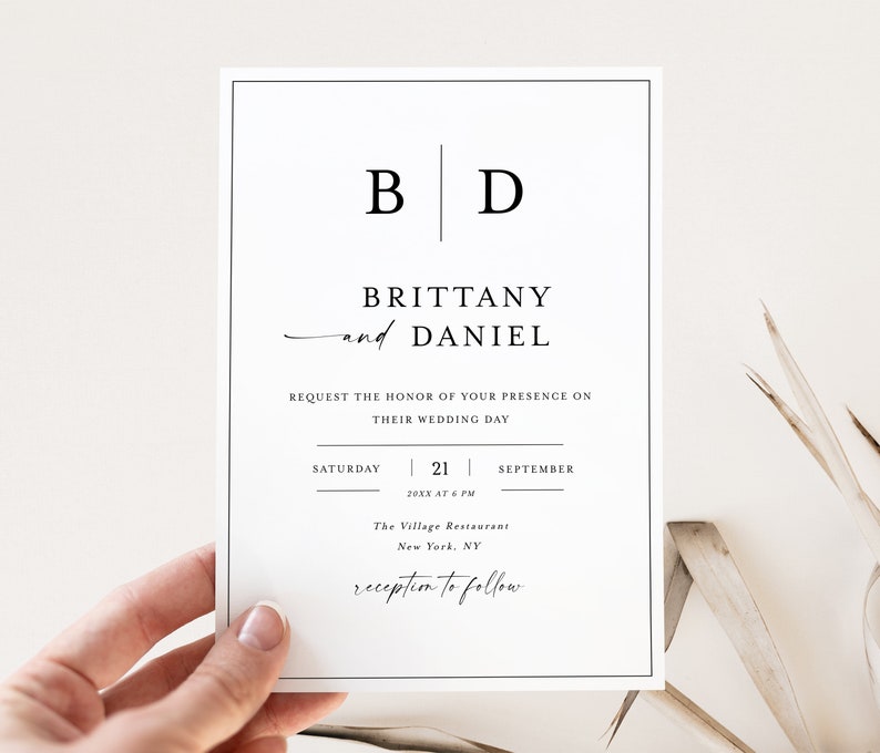 May include: A minimalist wedding invitation with black text on a white background. The invitation features the couple's initials "B" and "D" separated by a vertical line. The text reads "Brittany and Daniel" followed by the date and time of the wedding: "Saturday, September 21, 20XX at 6 PM". The location is listed as "The Village Restaurant, New York, NY". The invitation concludes with the phrase "reception to follow".