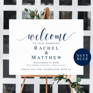 Navy welcome wedding sign printable Welcome wedding template Horizontal welcome sign wedding Editable wedding sign Navy welcome sign vm23 image 1