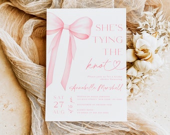 She's Tying the Knot Bridal Shower Invitation, Blush Pink Bow She's Tying the Knot Bachelorette Party Invitation, Shes Tying the Knot #b14