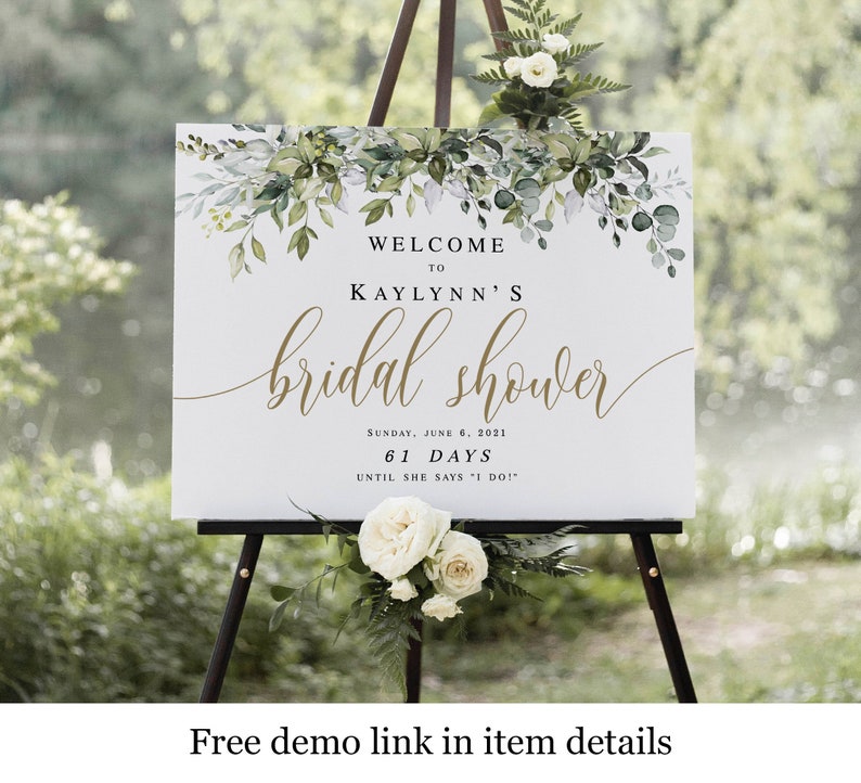 Bridal Shower Welcome Sign Template, Download, Try Before You Buy, Party, Reception, Brunch Poster, Edit With Templett, Greenery Gold #c61 