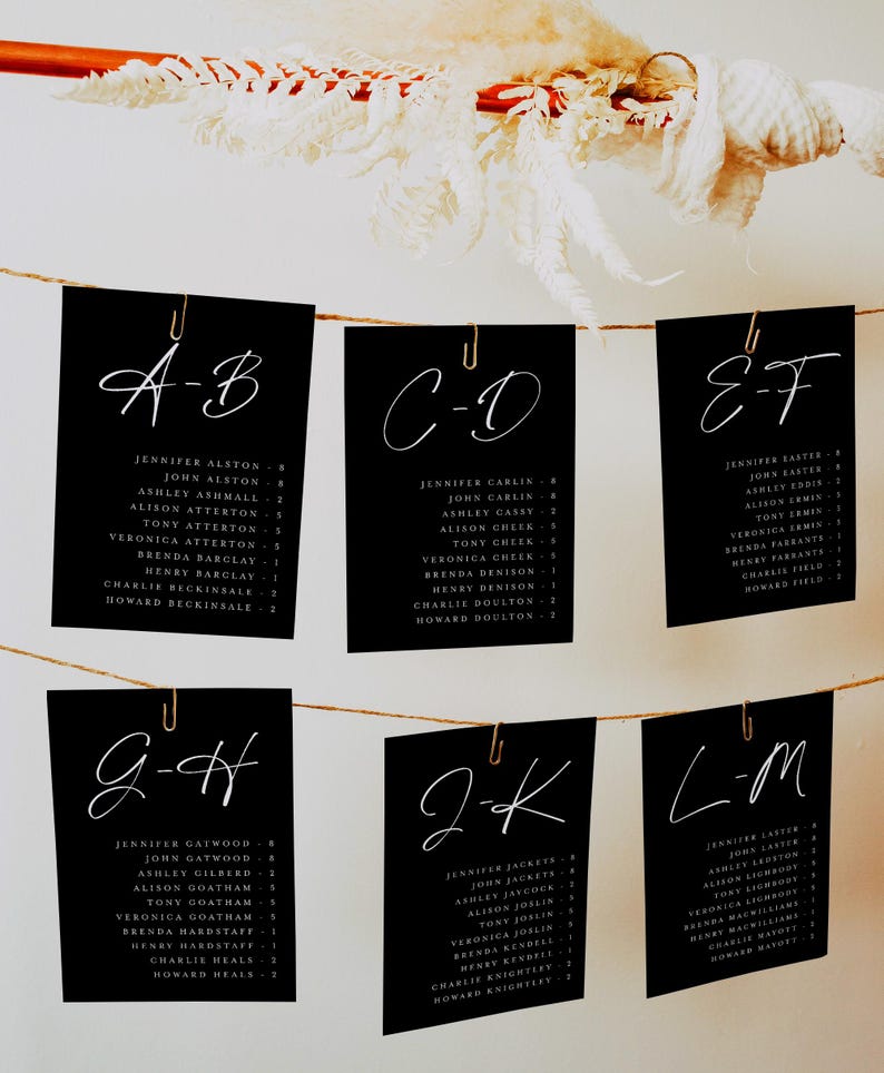 Alphabetical Seating Chart Cards, Minimalist Wedding Hanging Seating ...