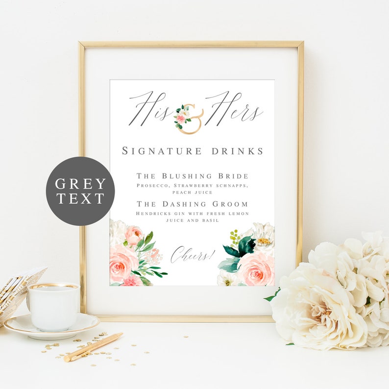 His and her drink sign Blush gray wedding sign Signature cocktail sign Signature drink template Blush pink wedding Gray wedding decor #vm147