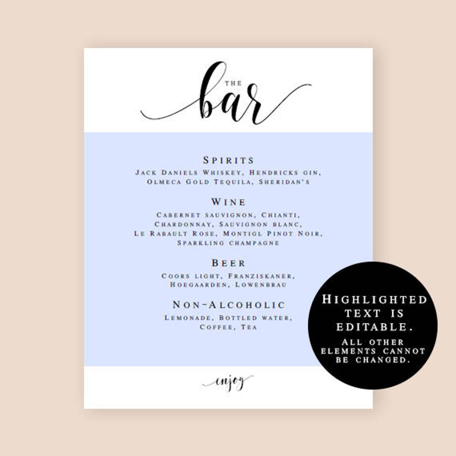 Bar Menu Sign Wedding Bar Menu Sign Drinks Wedding Sign Etsy