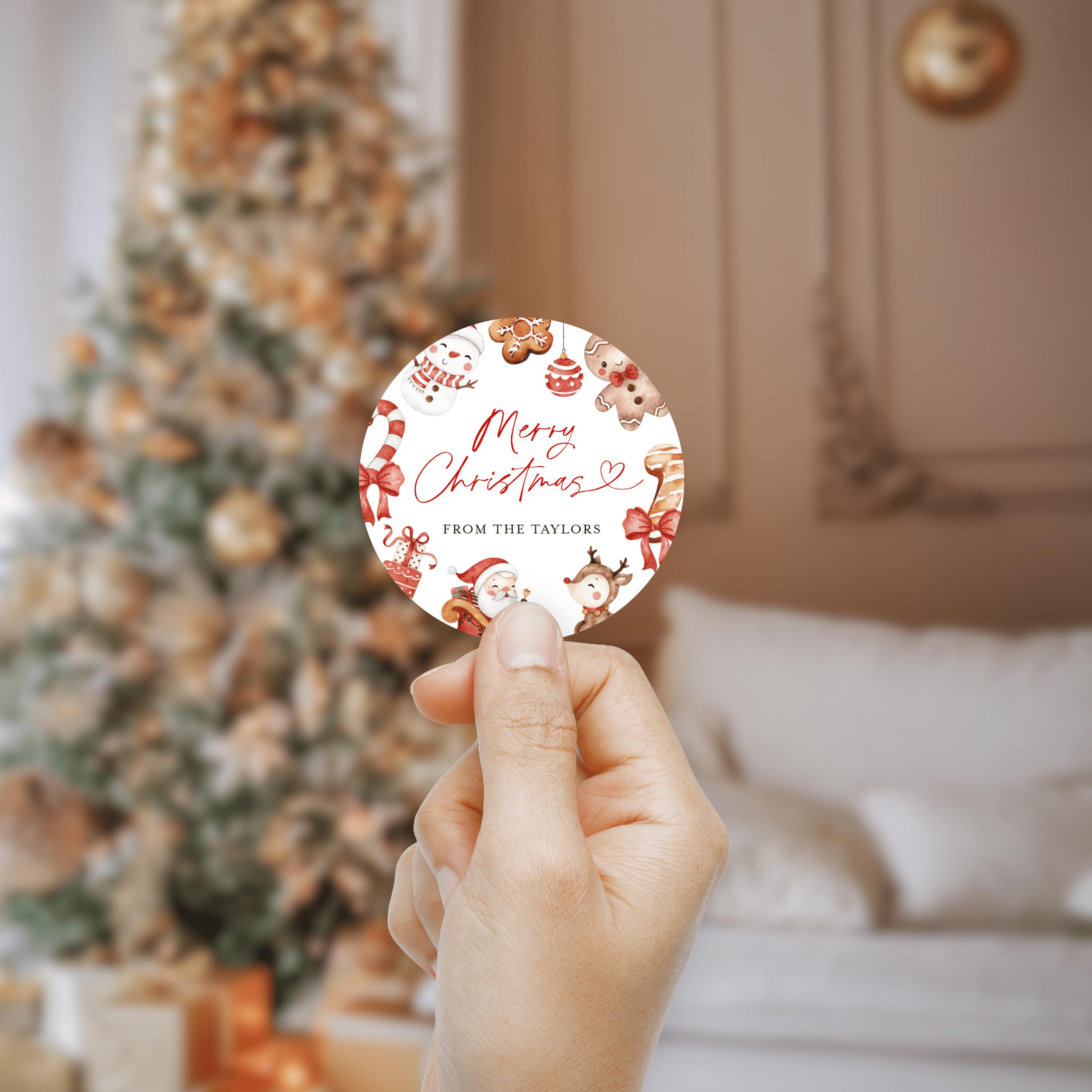 jijAcraft Merry Christmas - Etichette da regalo rotonde, in carta kraft, 5,5 cm, 100 etichette con spago di iuta e filo rosso e bianco, per decorazione regalo, confezione (bianco