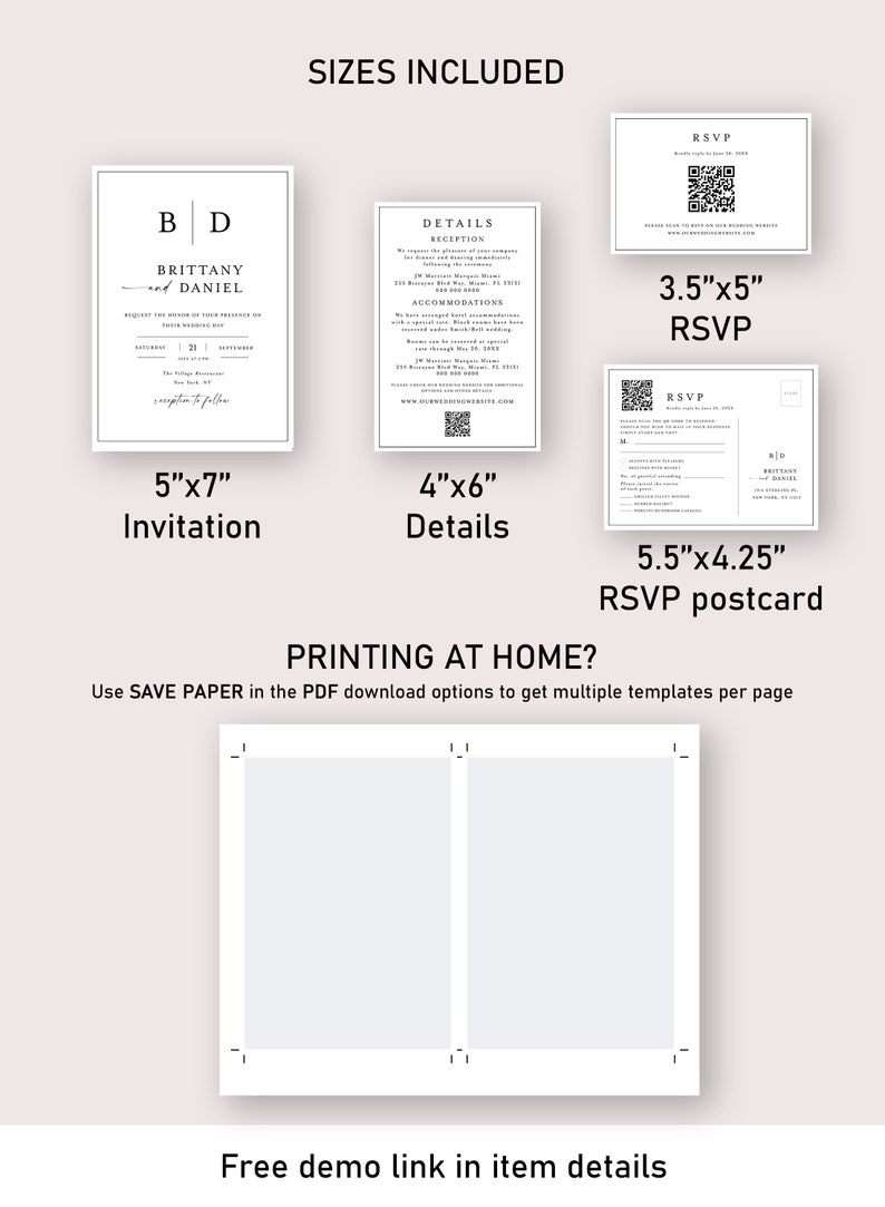 May include: A set of printable wedding invitation templates in various sizes. The invitation template is 5 inches by 7 inches, the details card is 4 inches by 6 inches, the RSVP card is 3.5 inches by 5 inches, and the RSVP postcard is 5.5 inches by 4.25 inches. The templates feature a simple, modern design with black text on a white background.