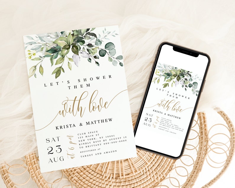 Greenery Geometric Invitation, Lets Shower Them With Love, 100% Editable, Wedding Couples, Instant download invite Templett Digital c61 image 3