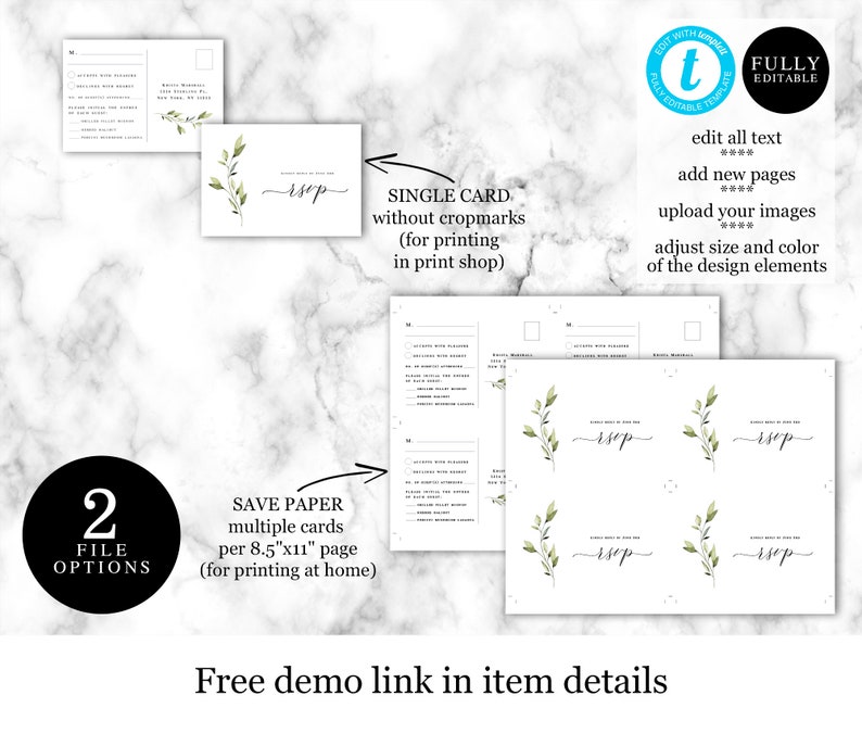 Leaves Simple #vmt43 Greenery Wedding Invitation Set Template Printable Leafy Download Fully Editable Create Multiple Downloadable