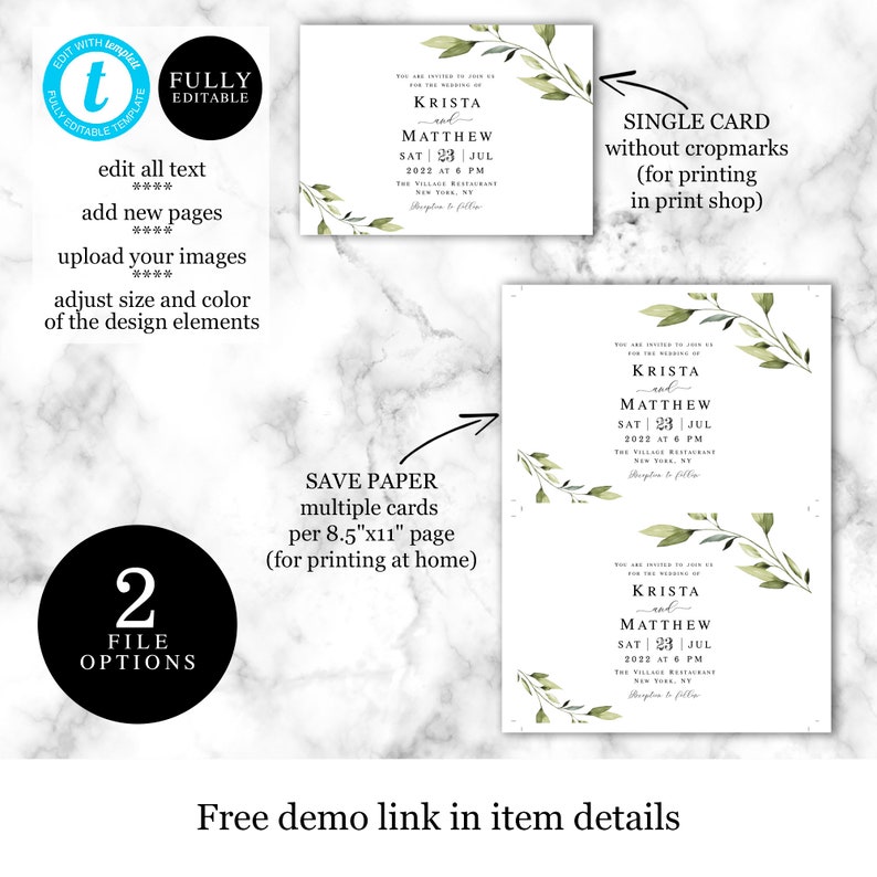 Leaves Simple #vmt43 Greenery Wedding Invitation Set Template Printable Leafy Download Fully Editable Create Multiple Downloadable