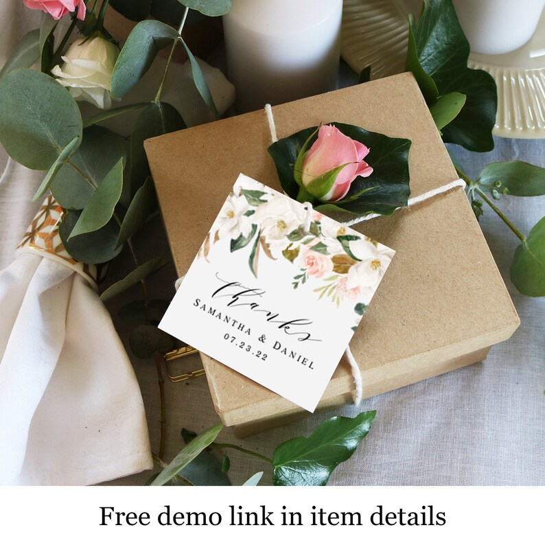 Elegant Thanks Wedding Gift Tags For Guests Magnolia Floral Tag Template Ivory #vmt3122 Favor Label Sticker Download Editable Square