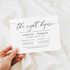 May include: A white card with black text announcing a rehearsal dinner for Annette and Gordon. The event will take place on Saturday, June 25, 2023, with a rehearsal at 5 PM at The Riverside Church and dinner at 7 PM at The Village Restaurant.
