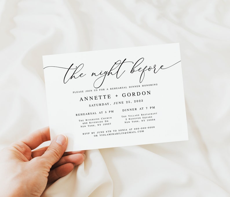 May include: A white card with black text announcing a rehearsal dinner for Annette and Gordon. The event will take place on Saturday, June 25, 2023, with a rehearsal at 5 PM at The Riverside Church and dinner at 7 PM at The Village Restaurant.
