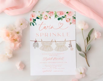 Twins Baby Shower Invitation, Editable Twins Baby Shower Invitation Template, Pink Floral Baby Clothes Twin Sprinkle Invitation #c3b