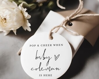 Pop and Cheer Baby Shower Champagne Favor Tags, Personalized Round Bottle Tags