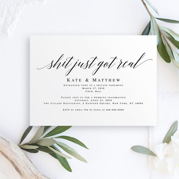 Just got real Elopement invitation template Funny save the date template DIY Wedding announcement template Just married announcement #vm51