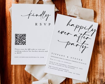 Happily Ever After Party Invitation With QR Code RSVP, Reception Party Invitation Template, Modern Wedding Elopement Announcement Card #f41