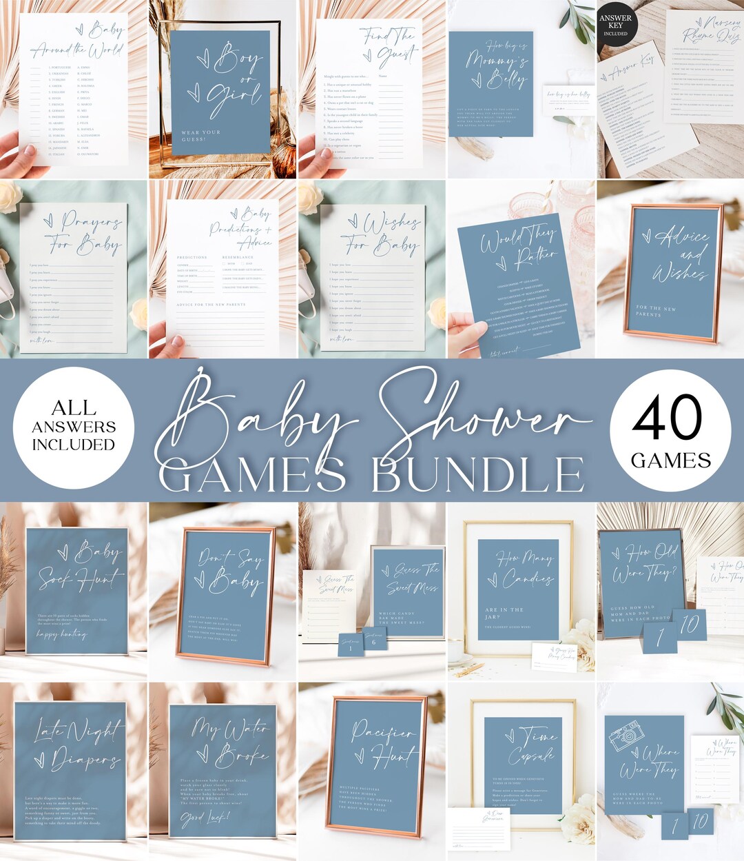 Editable Dusty Blue Baby Shower Games Bundle, Instant Download ...