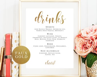 Wedding bar menu sign Gold bar sign Drinks wedding sign Gold wedding decor Wedding drink menu template Alcohol sign Alcohol bar DIY #vm32