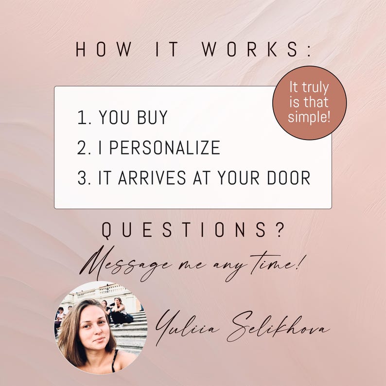 May include: A graphic with text that reads "HOW IT WORKS: 1. YOU BUY 2. I PERSONALIZE 3. IT ARRIVES AT YOUR DOOR." A circular graphic says "It truly is that simple!" The text "QUESTIONS? Message me any time!" is also included.