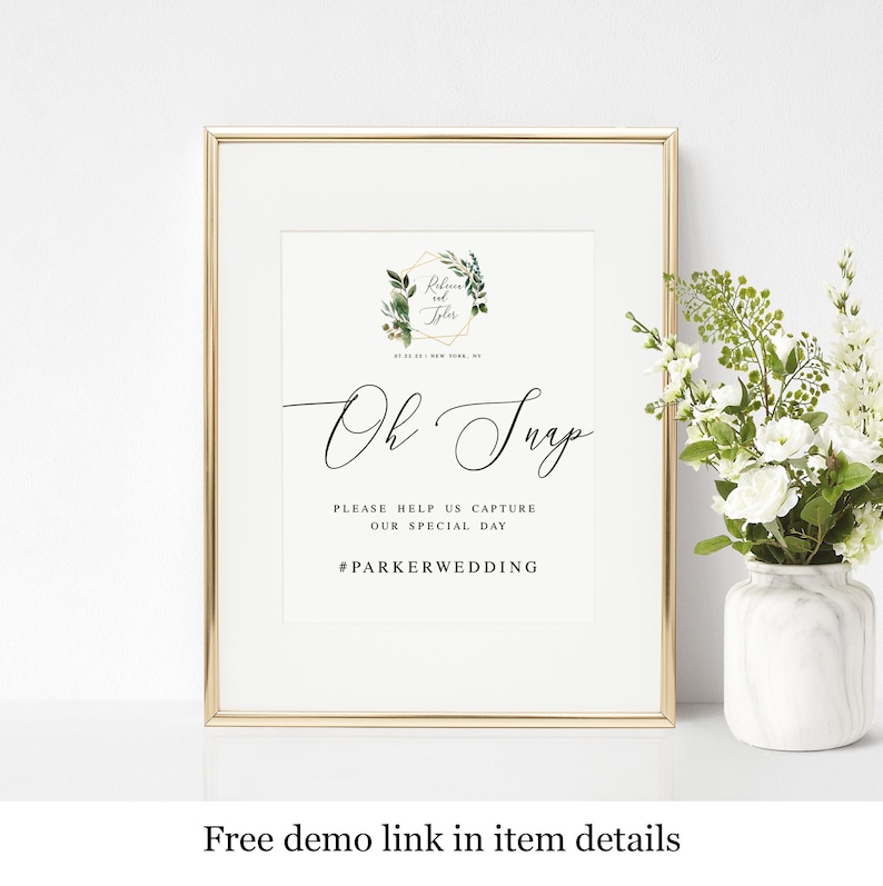 Help Us Capture The Love Oh Snap Template Logo #c59 Branding Printable Greenery Gold Geometric Wedding Hashtag Sign Edit With Templett