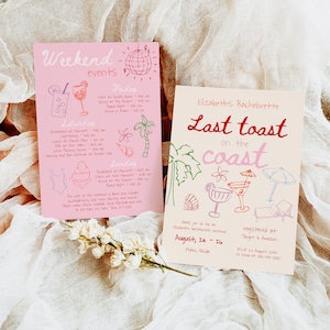 Pink und Rot Bachelorette Wochenende Ereignisse Reiseplan Vorlage, Handgezeichnete Bachelorette Einladen, schrulliges Gekritzel Funky Hens Party Wochenende #c97pp