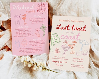 Pink and Red Bachelorette Weekend Events Itinerary Template, Hand Drawn Bachelorette Invite, Quirky Scribble Funky Hens Party Weekend #c97pp