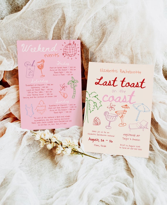 Pink and Red Bachelorette Weekend Events Itinerary Template, Hand Drawn Bachelorette Invite, Quirky Scribble Funky Hens Party Weekend #c97pp