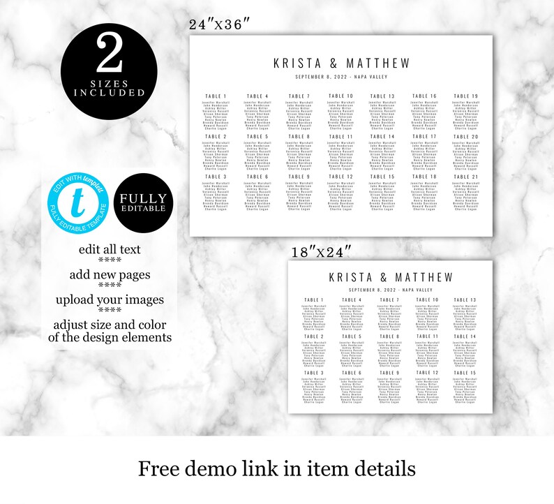 Seating Chart Poster Template 100 Editable Text Templett Etsy