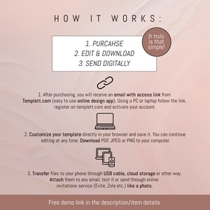 May include: A pink and white graphic with the text "HOW IT WORKS:" and a list of steps: 1. PURCHASE, 2. EDIT & DOWNLOAD, 3. SEND DIGITALLY. The graphic also includes a link icon, a laptop icon, a phone icon, and a text bubble that says "It truly is that simple!"