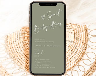 Salbei Baby-Dusche-Einladung, süße Baby-Einladung, Oh Junge-Baby-Dusche Einladungsvorlage, Sage Baby-Dusche einladen süßer Junge #F41