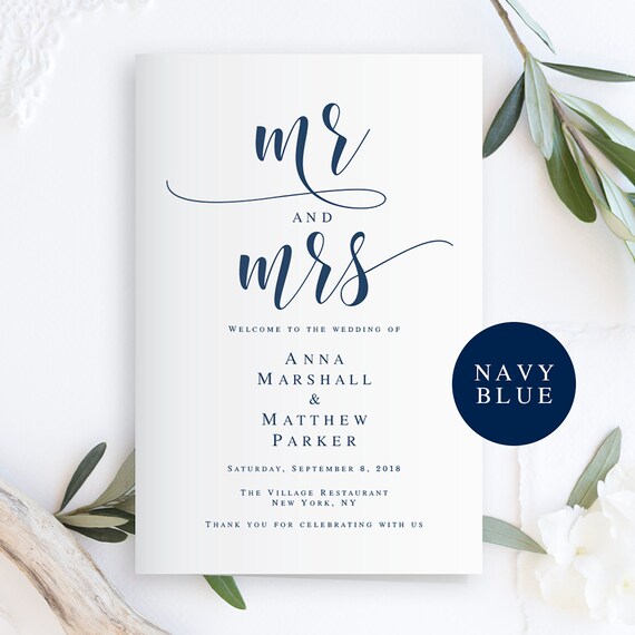 Navy Blue Wedding Program Template Folded Wedding Program Etsy