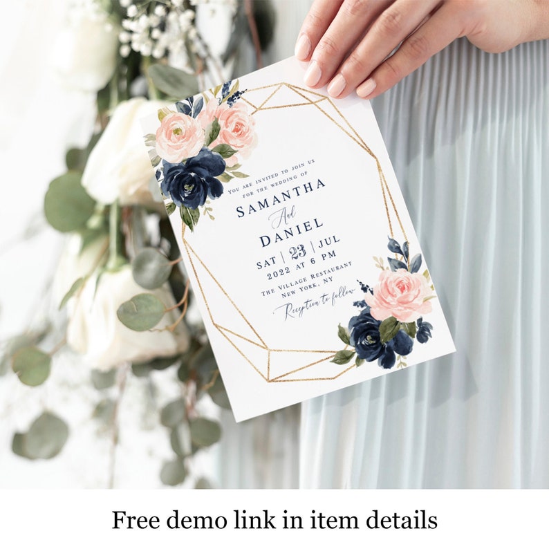 Navy and Blush wedding invitation template Instant