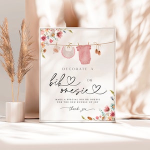 Lätzchen dekorieren Babyparty Zeichen, Baby-Kleidung dekorieren ein Lätzchen Zeichen, dekorieren ein Onesie Zeichen, Mädchen Wildflower Lätzchen dekorieren Station Zeichen #c82