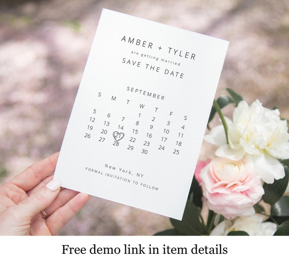 Calendar Save the Date Template, Edit With Templett, Create Your Own Card,  Instant Download, Rehearsal Dinner, Scandinavian, Heart, DIY f21 - Etsy