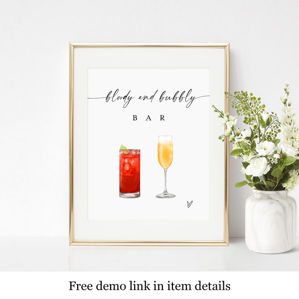 Bloody Mary And Mimosa Bar Sign, 100% Editable Text, Bloody and Bubbly, Bachelorette Party, Digital Download, Custom, Self-Editing DIY #f37