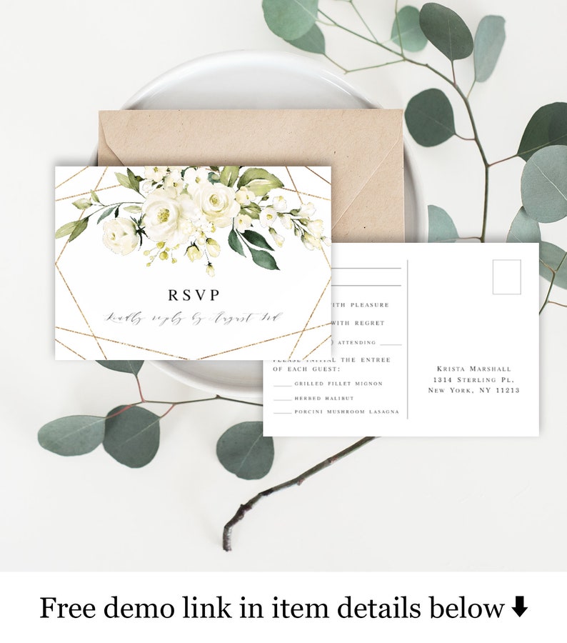 Wedding invite sets printable templates Try before you buy 100% Editable Templett Invitation White Floral, Simple, Gold Geometric vmt3116 image 6