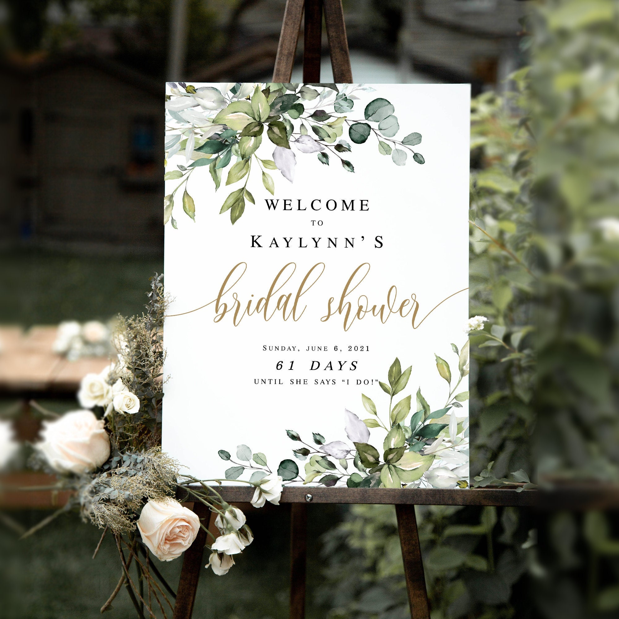 Portrait Bridal Shower Welcome Sign Template, 100% Editable Text, Party, Reception, Brunch Poster, Decorations, Download, Greenery Gold #c61