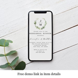 Electronic Invitation Template, Evite, Text Message Invite, Phone, Eco Friendly, Paperless, Digital, Rehearsal Dinner, Monogram DIY vmt3121 image 2