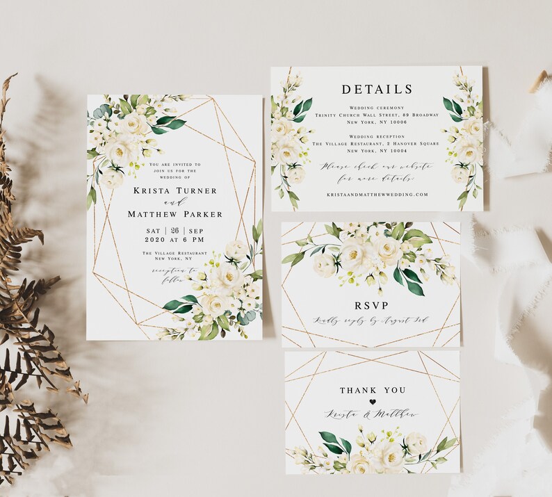 Wedding invite sets printable templates Try before you buy 100% Editable Templett Invitation White Floral, Simple, Gold Geometric vmt3116 image 1