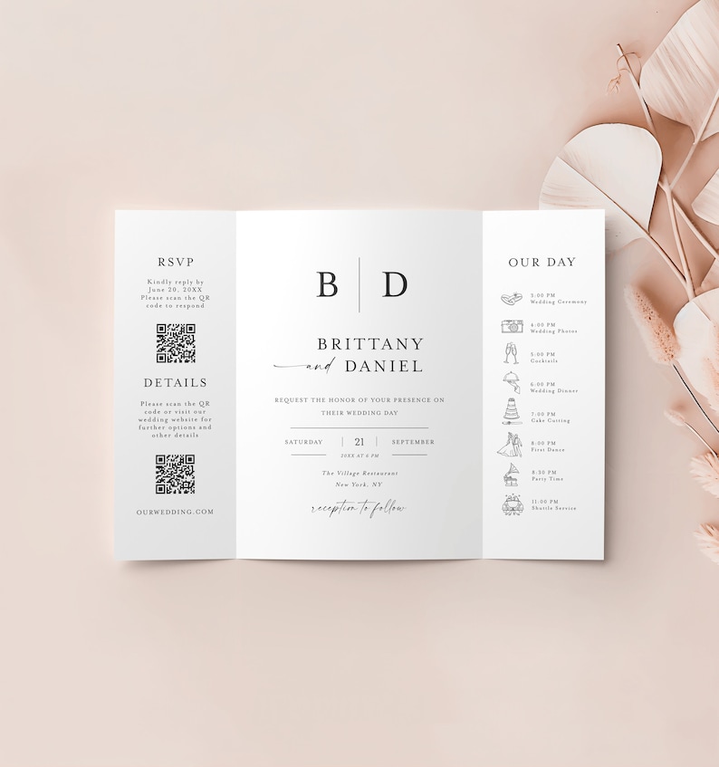 Gatefold Wedding Invitation With QR Code, Wedding Invite Template, Monogram Gate Fold, QR Code RSVP, 100% Editable, Details, Timeline f37m image 1