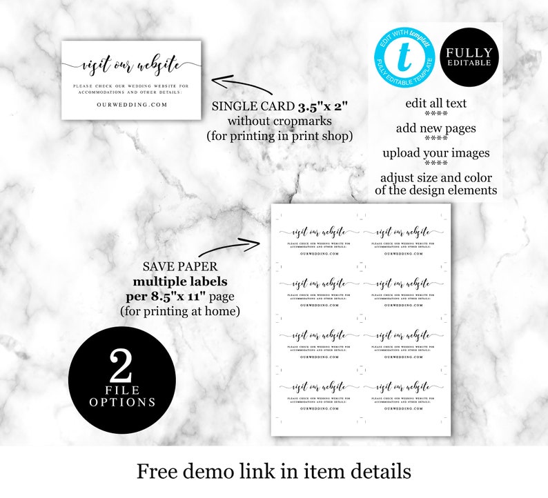 Wedding Website Card Template Invitation Insert Invite Enclosure Try Before You Buy #vmt510 Templett 100/% Editable Text Information
