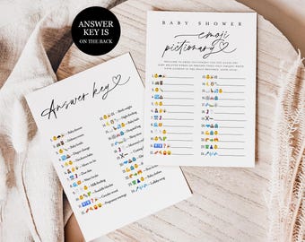 Gedrukt en verzonden Emoji Pictionary-spel babyshower, Emoji Pictionary-spel, Emoji-spel babyshower, Emoji-babyshowerspel met antwoordsleutel