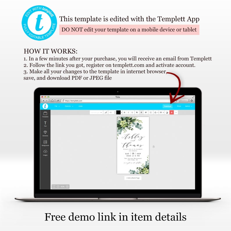 May include: A laptop screen displaying a wedding invitation template being edited in the Templett app. The invitation features a green and white floral design with the text "Ashley & Thomas" and the date "Sat | 01 | SEP 2023 at 4 PM". The text "Free demo link in item details" is displayed below the laptop.